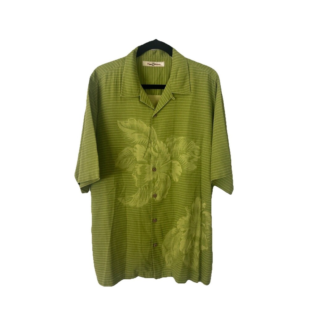 Tommy Bahama Green Silk Stripe Floral Camp Shirt Size Large